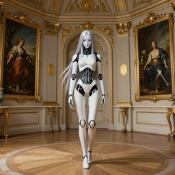 A slender android with long, silver hair stands in the center of an opulent octagonal room with fine paintings with golden plaques on each wall; detailed concept art by Ross Tran and Greg Rutowski high quality illustration.