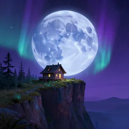 exotic landscape, a small house on the cliff, a huge blue moon covers up half of the sky, a purple sky full of small stars, andromeda krogan nebula aurora wallpaper 3 d pixar disney digital cgi rtx hdr painting bioluminance alena aenami artworks in 4 kby loish beeple, by thomas kinkade
