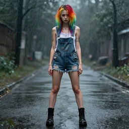 a portrait of an beautiful grungy female with rainbow hair, dainty figure, torn overalls, short shorts, combat boots, wet tshirt, raining, made by viktor antonov, illustration, extremely detailed, beautiful,