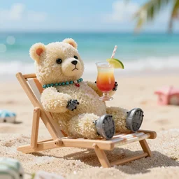 5 5 mm close up photo of an life sized hybrid robot gummi bear, reclining on a chaise and drinking a mai tai, at the beach, a beach with sugar instead of sand. dof. bokeh. by chris foss. sharp focus, highly detailed 8 k. superior quality. lifelike. magical lighting.