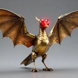 golgari findbroker!, a metal bird shaped like a bat with a glowing red heart for a head, a leathery golden body that folds into itself at the joints and wings spread wide as if it is taking off