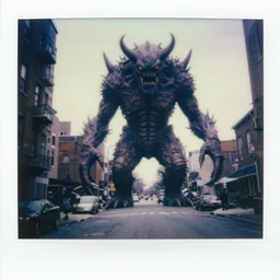 1 9 9 0's cursed polaroid photo of a gargantuan monster entity creature designed by junji ito, gantz, wayne barlowe, creeping through toronto neighborhood, historical record. deep aesthetics of weirdcore