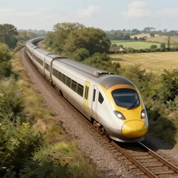 high speed train passing through english countryside, intricate, very beautiful and elegant, highly detailed, digital painting, artstation, concept art, smooth and sharp focus, illustration, art by greg rutkowski