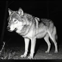 trailcam footage of giant huge enormous wolf at night, black and white