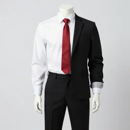 a mannequin in a white shirt, black pants, red tie and black jacket