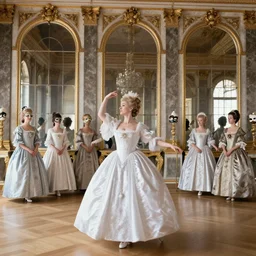 in the versailles hall of mirrors, queen marie - antoinette dances in the foreground with her ladies - in - waiting at a venician masked ball. all high ladies are dressed in colourful, opulent robes embroidered with glittering sequins. the hall of mirrors features ornate crystal chandeliers with glowing candles and golden ornaments. photorealism red velvet curtains on the windows with night lights outside
