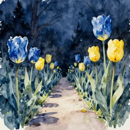 beautiful watercolor painting of path botanical illustration blue and yellow tulips, night enchanted dark background dark contrast by android jones