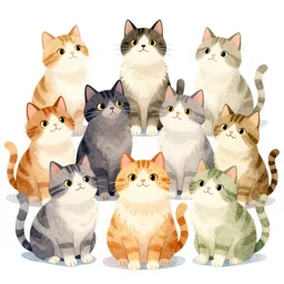 group of funny cats select a different type of project before start design production, watercolor illustration