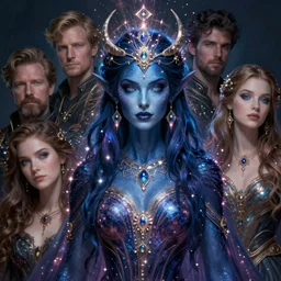 dark elven sorceress with blue skin by james jean, charlie bowater, tom bagshaw, nikolay makovsky, melanie delon : : enchanting, ethereal, magical, glowing, sparkle, prismatic, portrait, character design, illustration, hyperrealism, photorealism, digital art, concept art, dark fantasy, whimsy, weta, wlop, artstation