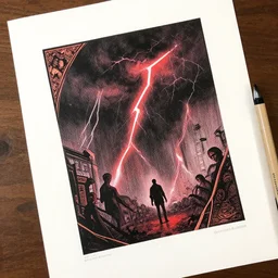 something truly evil, noir style, thunderstorm, red highlighter risograph print, art by artgerm and greg rutkowski and alphonse mucha, 8 k