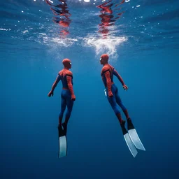 two spiderman freediving underwater