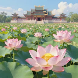 lotus flowers, a temple in the distance, fresh and natural, bright colors, fantasy, paint style, unreal engine