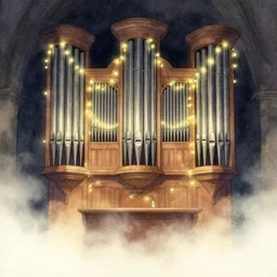 pipe organ with fairy lights, light ground fog, detailed fantasy watercolor comic style, subtle colors, by tony sart