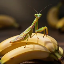 mantis made of bananas, realistic, macro shot, high detailed, dof, professional photo