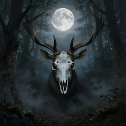 in the style of artgerm, peter mohrbacher, rafael albuquerque, arthur rackham, wendigo, in the forest emerging from the shadows, deer skull face, antlers, fog, full moon, moody lighting, horror scary terror