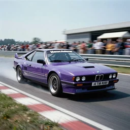 vintage archival race footage of a single purple 1995 BMW M1, with elements of the Vector W8 Twin Turbo, movie still, speed, cinematic Panavision 5384 film