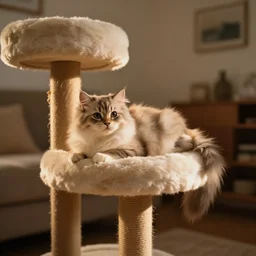 “ fluffy kitten lying on cat tree, cozy living room, warm, cotton, dramatic lighting, extremely high quality, leica m - a, lux 3 5 fle, portra 8 0 0 ”