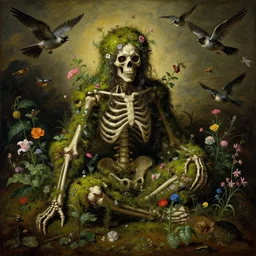 'Life from death' A horrifyingly detailed aesthetic horror scenery painting depicting 'A mossy skeleton with plants and flowers growing all over it, birds and insects flying all around it' by giuseppe arcimboldo and Rembrandt, Trending on cgsociety artstation, 8k, masterpiece, cinematic lighting, highly detailed, vibrant colors.