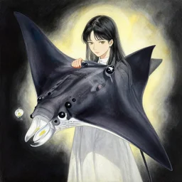 priestess of historical manta rays. gouache painting by award - winning mangaka, intricate details, chiaroscuro, bloom, backlighting
