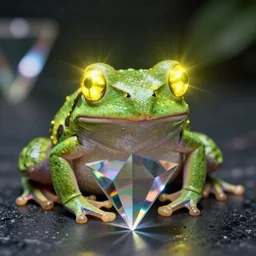 Yellow bright ghostly light from the eyes of a mesmerizing frog. The frog stares at the glass prism. A prism refracts light. Chromatic aberration. Super detail, 4k, wow, artstation trending.