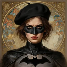 portrait of an elegantly dressed woman as batman, extremely dark circles around eyes, irritated expression, bohemian fashion, wearing a beret, artsy, intricate, elegant, highly detailed, digital painting, artstation, concept art, smooth, sharp focus, illustration, art by artgerm and greg rutkowski and alphonse mucha,