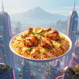 epic digital art of faint tall mountains in background,, photorealistic synthwave plate of chicken biryani flying through futuristic city towers with glowing edges, wlop, pixiv