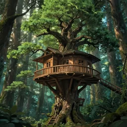 beautiful mutlilevel wooden tree house tower in a gnarly bonsai in a ancient forrest, tree house city, ropes, dynamic lighting, cinematic, establishing shot, extremly high detail, foto realistic, cinematic lighting, post processed, concept art, artstation, matte painting, style by ghibli, myazaki
