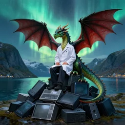 a dragon with a research coat sitting on top of a pile of computers in a norwegian fjord, northern lights, painting, trending on artstation, highly detailed, 4 k, 8 k