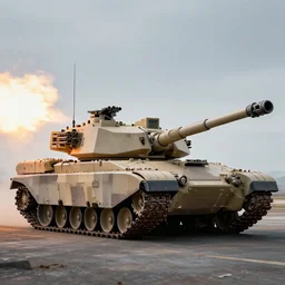 futuristic tank in the style of the m 1 a 1 abrams firing its main canon, hyper realistic, photorealistic, side view