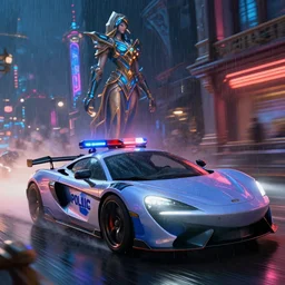sports car police chase, action shot, high speed, night life, neon lights, heavy rain, lens flare, deep focus, d & d, fantasy, intricate, elegant, highly detailed, digital painting, artstation, concept art, matte, sharp focus, illustration, hearthstone,