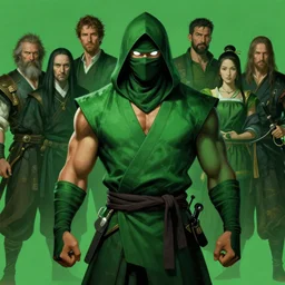 trending in conceptartworld, matte painting, professional portrait of a muscular hooded ninja warrior, japanese clothes, japanese fashion, green color scene, white eyes, by peter mohrbacher, rossdraws, greg rutkowski, pieter bruegel the elder, kuvshinov, paul chadeisson, daryl mandryk, sam yang