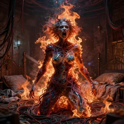 rgb, woman mede of glass, bedroom full of fire, rage, cinematic, movie scene, inspired by zdzislaw beksinski, clothes made out of veins,, cables everywhere, bedroom, ultra realistic, concept art, intricate details, highly detailed, photorealistic, octane render, 8 k