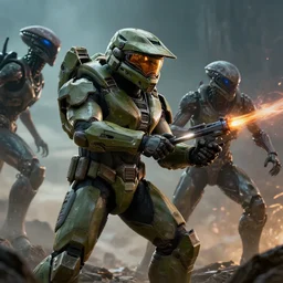 master chief from halo fighting aliens, cinematic composition, epic cinematic lighting, realistic, unreal, highly detailed, 8 k, trending artstation, concept art, sharp focus