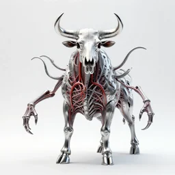 stylized shiny polished silver statue full body bizarre extra limbs cosmic horror quadruped animal cow bovine skull four legs made of creature tendrils perfect symmetrical body perfect symmetrical face hyper realistic hyper detailed by johannen voss by michelangelo octane render blender 8 k displayed in pure white studio room anatomical deep red arteries veins flesh