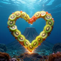 romantic underwater photography of kiwi fruits and gooseberry berries forming heart shape in front an underwater volcano, concept, fantasy, glowing, photorealistim, epic, volumetric light