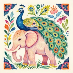 colorful print of peacock elephant motif botanical artwork, multicolor lino block print with vignettes, created by ernst haeckel, greg hildebrandt, mary delany in the style of painting toon shades, colorful ink, vibrant, warm pastel, colorful dark vector, smooth curves, graphical, detailed, trending in art station 9 6 0!!!!!