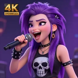 high detail render of a punk girl with purple emo hair, a skull shirt, and studded arm bands screaming into a microphone in disney frozen style 4 k