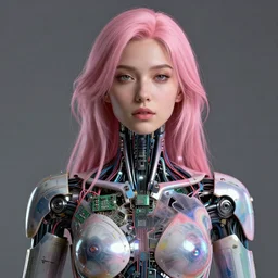 portrait of a beautiful woman with pink hair as a cyberpunk cyborg half robot, revealing wires and electronics, circuit boards, wire management, sci - fi, missing panels, intricate abstract upper body intricate artwork, concept art, octane render, deviantart, cinematic, key art, hyperrealism, iridescent accents, portrait photograph, nikon 3 5 mm, photograph by greg rutkowski