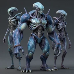 character with blue skin, alien anatomy, large forearms, ultra detailed, realistic, many variations, by neville page,