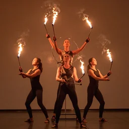 acrobatic dance ensemble juggling rainbow fire