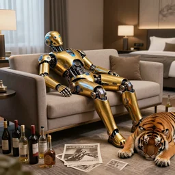 portrait photo of a shiny golden and blue metallic futuristic steampunk humanoid robot sleeping on a sofa in a modern hotel room, many bottles all over the floor, a sleeping tiger, pressphoto, insanely detailed, wide shot