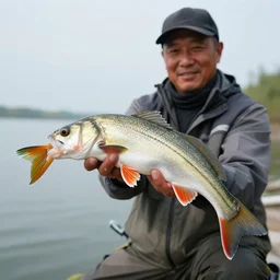 a fisherman who just caught a very nice fish, hyperrealistic photograph