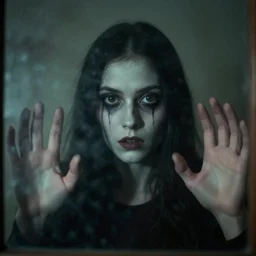 baphomet stares behind glass, photograph, uncanny, scary