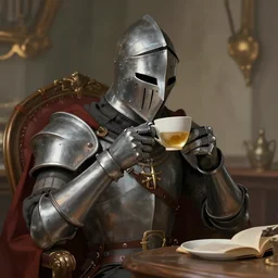 a knight drinking a cup of tea, digital art, trending on artstation