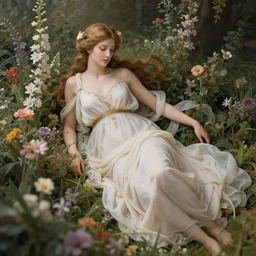 high definition, digital, hyperreal, 2 k, tilt - shift, aphrodite wearing a beautiful dress, goddess of love, surrounded by flowers, in the style of a painting
