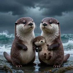 my little everything, happy brave magical cuteness, fantasy otter love, otters holding hands side by side in the very scary stormy sea, he holds her while she sleeps, hyper - realism, 8 k octane render