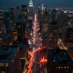 manhattan city streets flooded with lava, view from helicopter, at the city below city at night, in the style of disco elysium, j. c. leyendecker, greg rutkowski, artem
