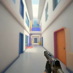 screenshot of a first person shooter game on unreal engine 5, narrow modern hallways of a government office facility with white dry wall, photorealistic, colorful retrofuturism, concept art, trending on artstation