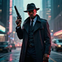 hyper - realistic, a handsome black male detective holding a blaster, wearing a fedora, a suit and trench coat, blade runner city, futuristic - noir aesthetic, cinematic composition, cinematic colors, 3 5 mm film, roger deakins style, realistic film, no signature, 8 k