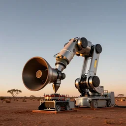 robot with large diameter extrusion nozzle printing a massive structure in the australian desert,  XF IQ4, 150MP, 50mm, F1.4, ISO 200, 1/160s, dawn